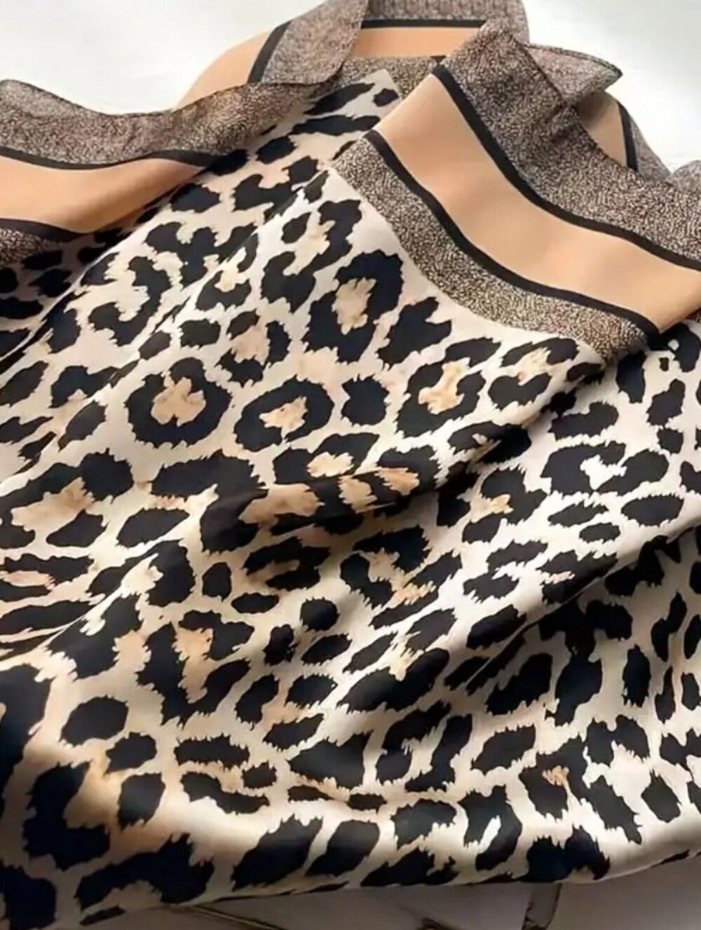 Silk- Feel Leopard Print Satin Scarf in Beige and Black Head Scarf, Neck Scarf - Picture 2 of 4